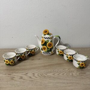 Cardia 3D Sunflower and Checkers Ceramic‎ Teapot with 6 Tea Cups Cottagecore